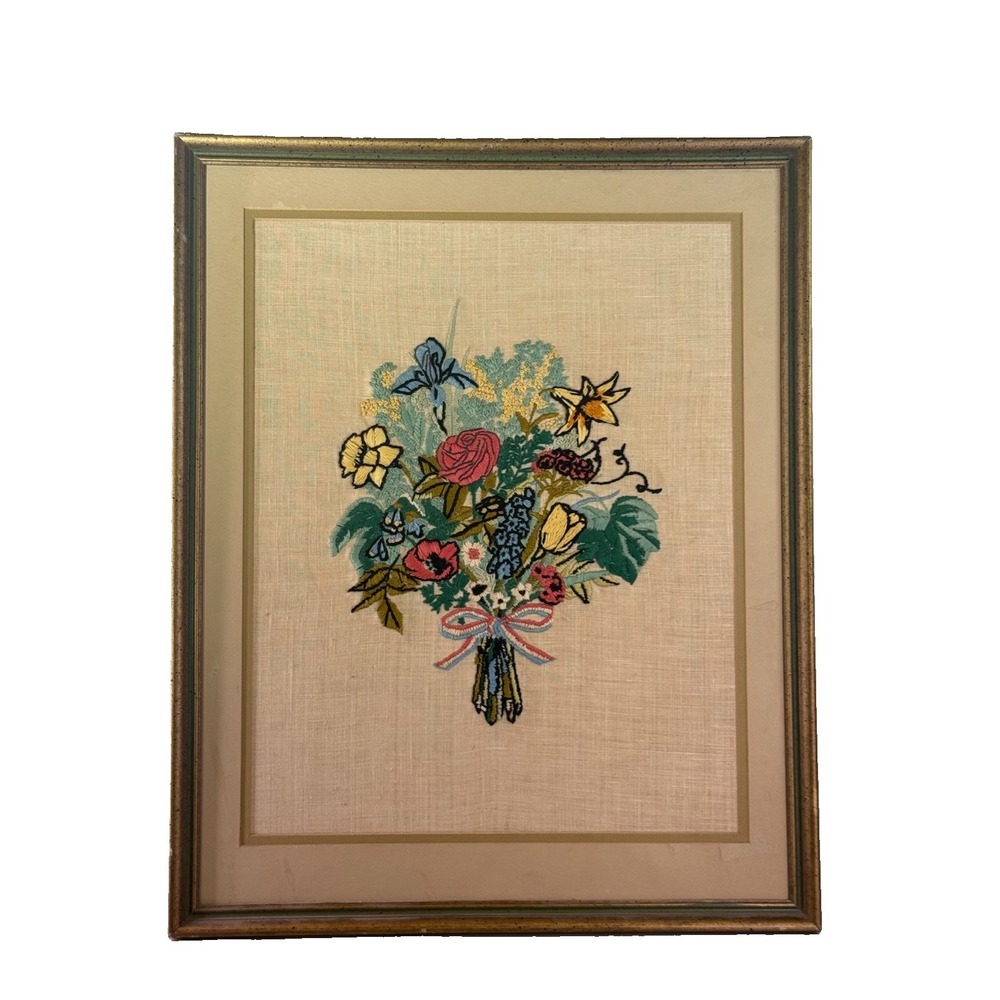 Vintage 70s Floral Embroidery Art Framed Picture House Needlework Bouquet Gilt